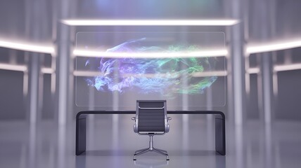 Futuristic holographic display showing colorful nebula projections above a modern executive office desk with an empty chair