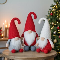 Handmade Amigurumi Gnomes with Long Hats on White Background