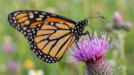 Obraz premium Intricate monarch butterfly with detailed orange and black wings feeding on a vibrant purple thistle flower in a natural setting