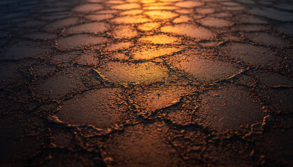 texture de sol craquel&eacute; au coucher du soleil, terre aride dor&eacute;e