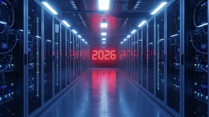 A futuristic data center with glowing red lights 2026 new year text and rows of server racks