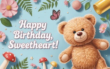 Adorable happy birthday sweetheart teddy bear design with floral elements and a pretty butterfly with pastel colors