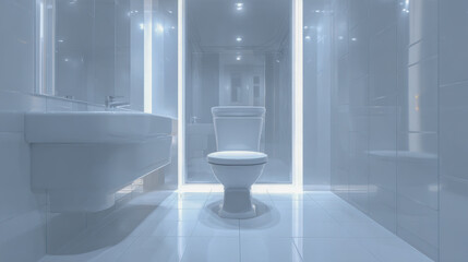 Modern minimalist white bathroom interior with sleek floating sink and illuminated toilet area featuring glossy tile floors and soft ambient lighting