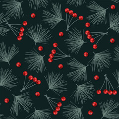 Elegant Christmas seamless vector pattern with realistic 3D red berries and hand-drawn pine branches. A dark, moody botanical background for the winter holidays, luxurious gift wrapping paper, textile