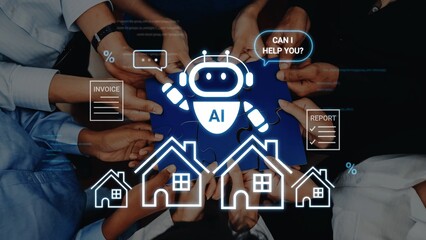 Group of diverse business professionals collaborating with a digital AI assistant image designed to streamline real estate transactions and improve communication Gluon.