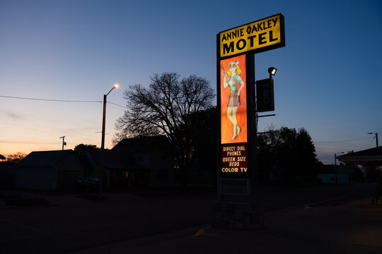 The Annie Oakley Motel at Night in Oakley, Kansas, May 2025.