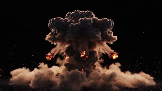 Explosion with towering mushroom cloud against dark background represents power destruction energy