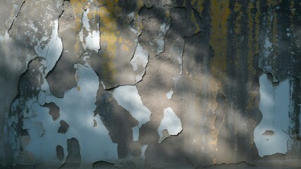 Background texture showing heavily aged and peeling blue and yellow painted plaster wall surface under dappled light