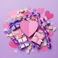 Dense scatter of paper hearts, ribbons, lace, gift boxes, and candies over a soft lavender gradient. Realistic textures, soft lighting, ideal for Valentine&rsquo;s Day visuals.