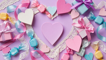 Dense scatter of paper hearts, ribbons, lace, gift boxes, and candies over a soft lavender gradient. Realistic textures, soft lighting, ideal for Valentine&rsquo;s Day visuals.