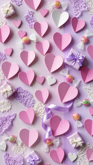 Dense scatter of paper hearts, ribbons, lace, gift boxes, and candies over a soft lavender gradient. Realistic textures, soft lighting, ideal for Valentine&rsquo;s Day visuals.
