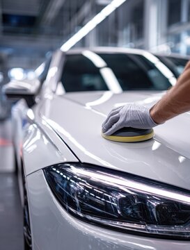 Hand wearing glove polishing white car hood with buffer machine near headlight reflecting bright lights in modern auto workshop environment