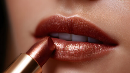 Radiant Lips: A close-up shot captures the allure of applying lipstick, showcasing perfectly shaped lips. The metallic finish adds a touch of glamour. 
