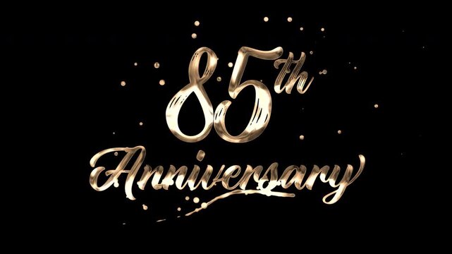 85th anniversary text animation in golden metallic effect. suitable for celebrating special occasions, invitations, anniversary cards and social media. Includes alpha channel for any background.