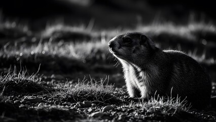 Dramatic Black and White Alpine Marmot Portrait with Backlight