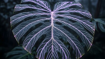 Dramatic close up of a dark tropical monstera leaf featuring vibrant neon purple glowing veins covered in small water droplets suggesting a mystical rainforest atmosphere during a gentle shower