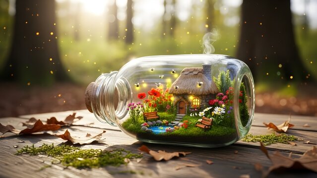 Miniature enchanting fairytale cottage garden complete with tiny glowing fireflies captured inside a horizontal glass jar resting on rustic wooden planks outdoors in a sunny forest setting