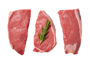 Three raw, lean beef tenderloin fillets with pinkish-red hue and visible muscle grain, a fresh green rosemary sprig, on a transparent background with copy space, Concept of high-quality culinary