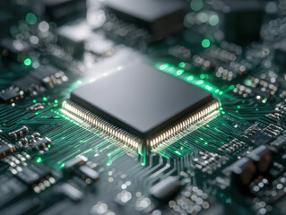High-tech central processing unit mounted on a circuit board with glowing green pathways showcasing modern electronic connectivity and innovation