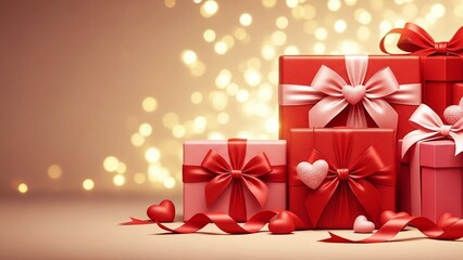 Obraz premium Elegant red gift boxes with ribbons arranged for Valentine's Day celebration