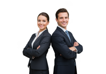 Confident business professionals standing back to back isolated on transparent background