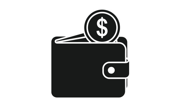 A simple black and white icon depicting a wallet with a dollar sign inside