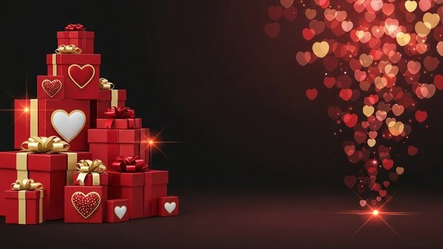 Stacked red gift boxes with golden ribbons celebrating romantic Valentine's Day occasion