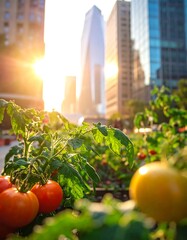 Urban garden with tomatoes at sunset