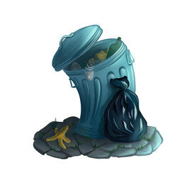 Cartoon illustration of a trash can with garbage bags and banana peel, environmental pollution concept.