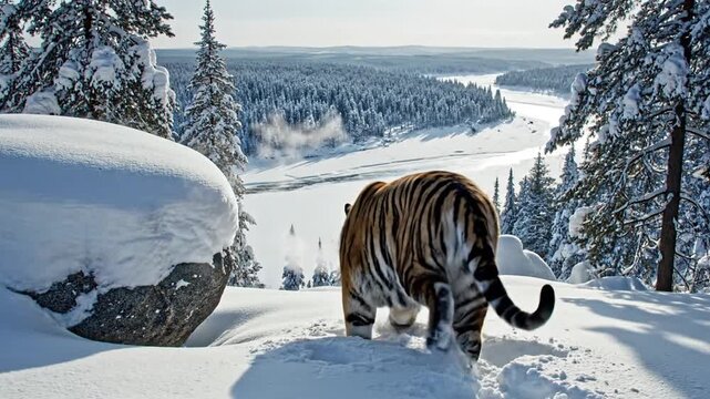 Majestic Siberian Tiger Walking Through Deep Snow in Winter Forest perfect for wildlife documentary, environmental campaigns, nature magazines, educational