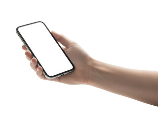 Hand holding smartphone with blank screen isolated on transparent background