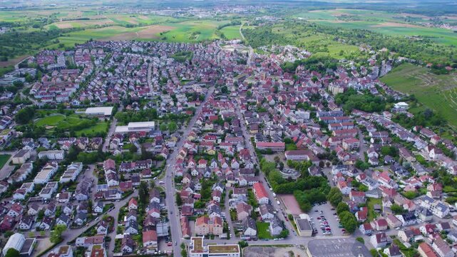 An Aerial panoramic view of the old town of the city Asperg on a sunny summer noon in Germany. 