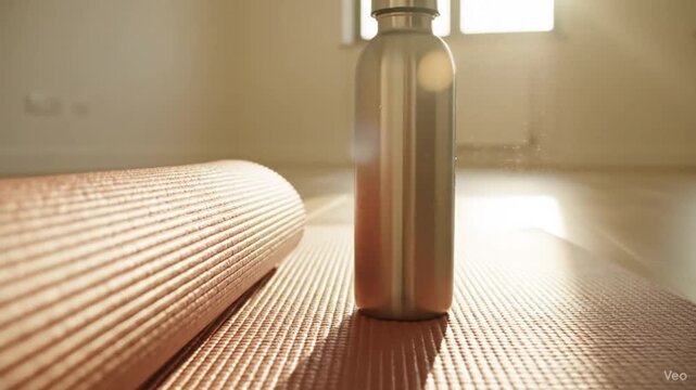 A yoga mat and water bottle sit in a serene room with natural light
