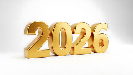 Golden three dimensional rendering of the year two thousand twenty six standing prominently against a clean bright white background symbolizing future success and new beginnings