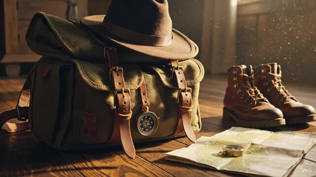 A video showcasing a vintage explorer's gear on a wooden floor