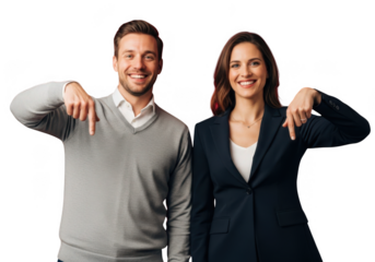 Smiling man and woman pointing downwards together isolated on transparent background
