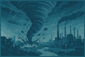 Powerful Tornado Striking Industrial City Halftone Dot Matrix Illustration