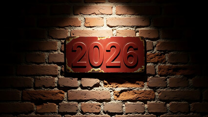 Vintage distressed red metal sign prominently displaying the embossed year twenty twenty six illuminated against a textured dark brick wall backdrop creating a dramatic aesthetic focus