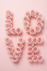 Word LOVE made of pink roses buds on pink background top view. Romantic, holiday, Valentine's day, wedding, birthday, Mother's day, day concept