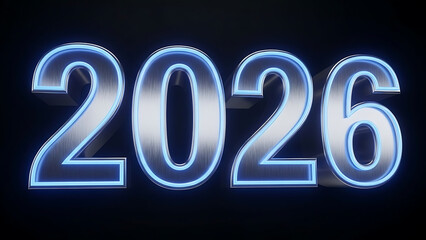 Three dimensional stylized silver metallic numerals representing the year twenty twenty six glowing with bright blue neon light against a dark background concept for future events