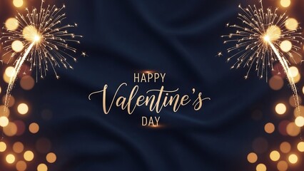Golden fireworks burst over dark sky celebrating romantic Valentine's Day occasion
