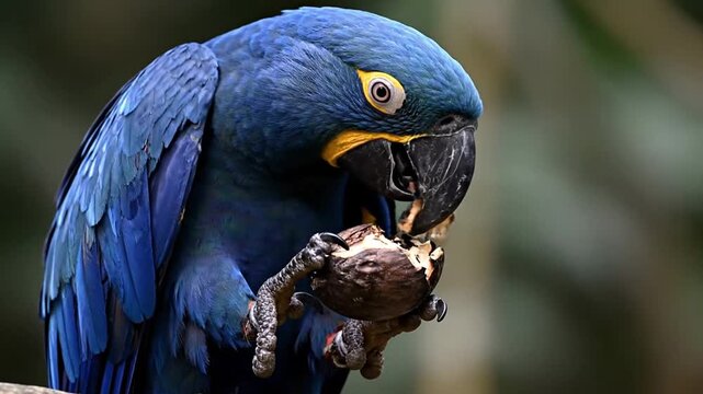 Vibrant blue parrot eating a coconut with intense focus