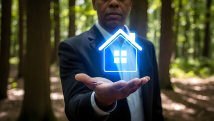A businessman holds a glowing home icon in a lush forest setting