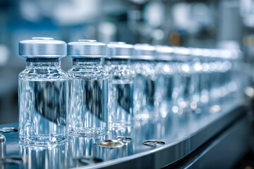 Close-up view of medical glass vials filled with clear liquid arranged in a row on a reflective conveyor belt in pharmaceutical manufacturing environment