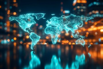 Glowing world map shows global connectivity and digital network over a blurred city skyline