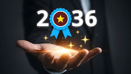 A hand holding a glowing star and 2036 text with a blue ribbon