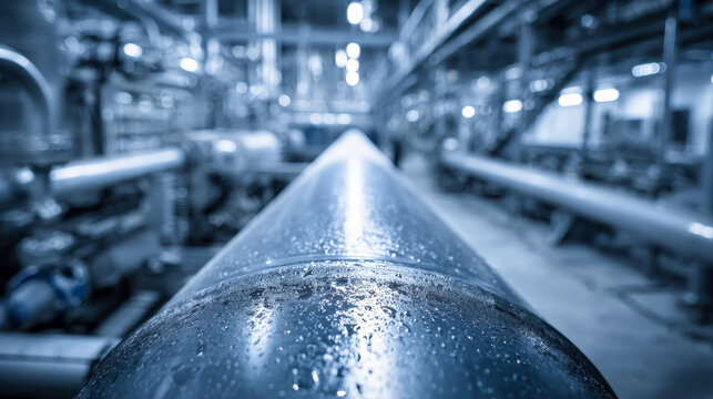 Industrial water pipe with condensation droplets in a modern factory environment focused on infrastructure and efficient liquid transport systems in cool lighting