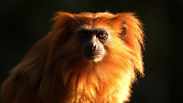 Golden monkey perched on tree branch in forest habitat