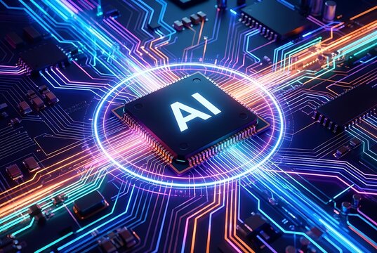 A powerful artificial intelligence microchip glows at the center of a complex and colorful circuit board. - Powered by Adobe