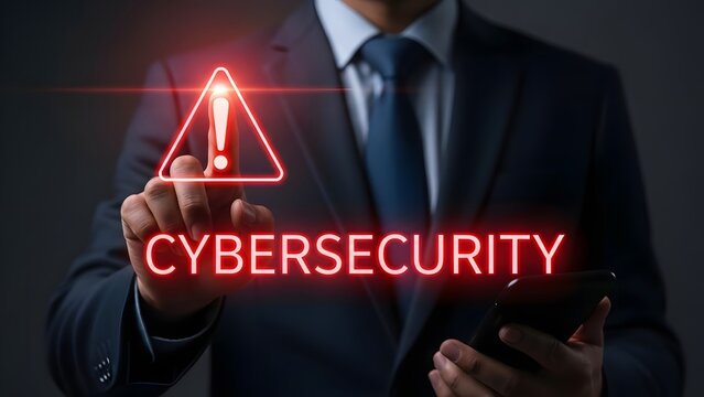 Businessman highlights cybersecurity alert on a digital screen - Powered by Adobe